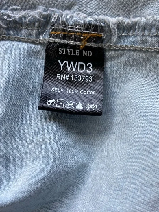 POL chambray Denim Babydoll Mini Dress Sz Medium Tiered Colorblock Overs - Picture 9 of 13